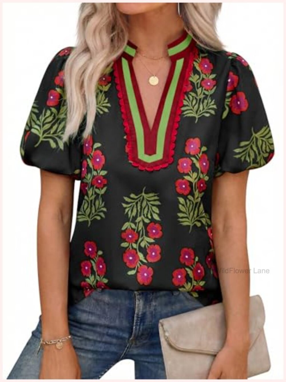 Women's Floral Puff Sleeve V Neck Blouse - Relaxed Fit Casual Top